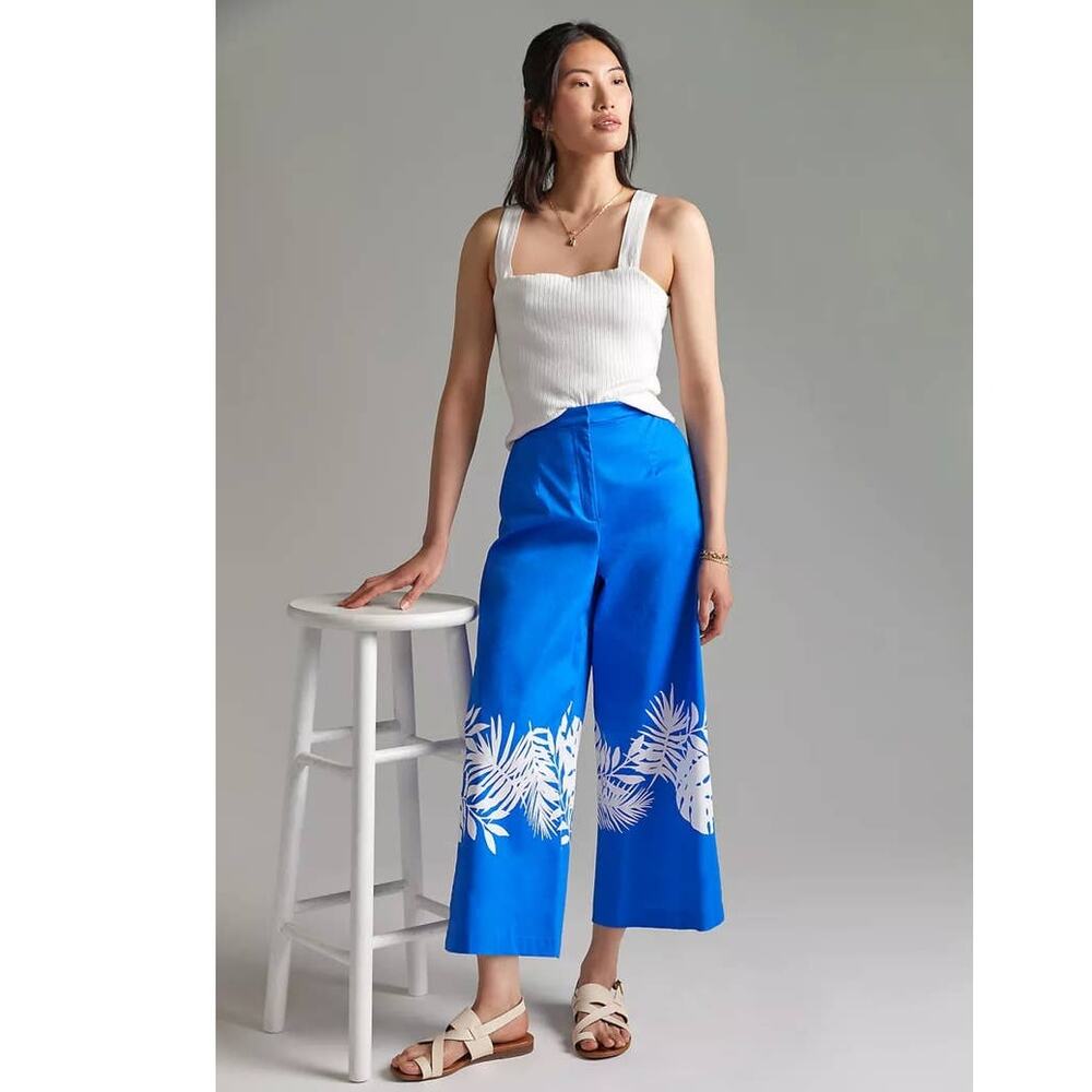 New Anthropologie HUTCH Palm Frond Wide-Leg Pants $148 SIZE 6 Blue